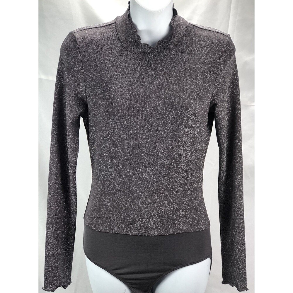 NWOT Altar’d State bodysuit top S gray Glitter metallic Ruffles Mock turtleneck